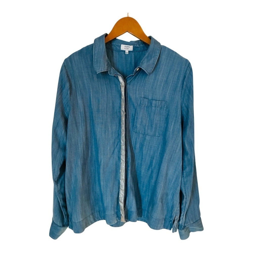 Crown & Ivy Soft Blue Lyocell Tencel Denim Button Down Shirt Silver Stripe Large - Picture 2 of 8